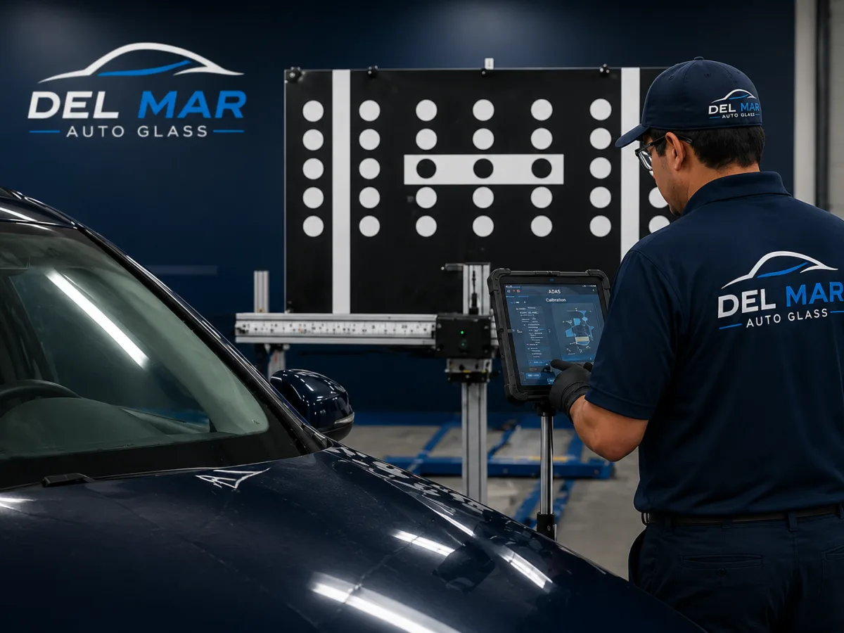 Del Mar Auto Glass technician performing ADAS calibration with diagnostic tablet