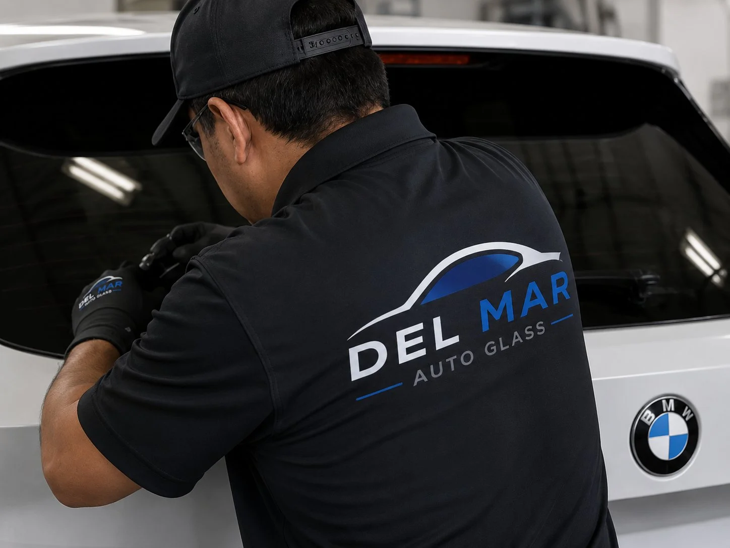 Del Mar Auto Glass technician working on a BMW