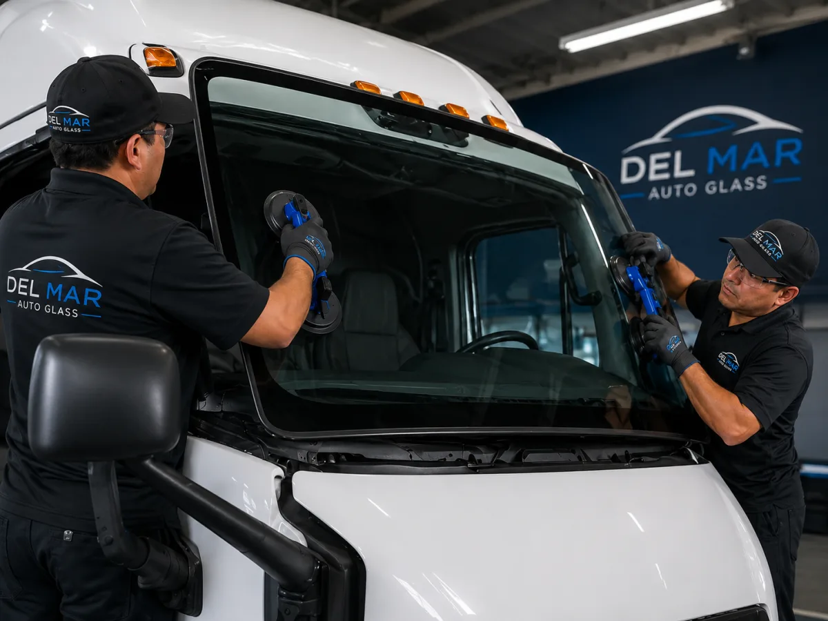 Two Del Mar Auto Glass technicians replacing a commercial truck windshield